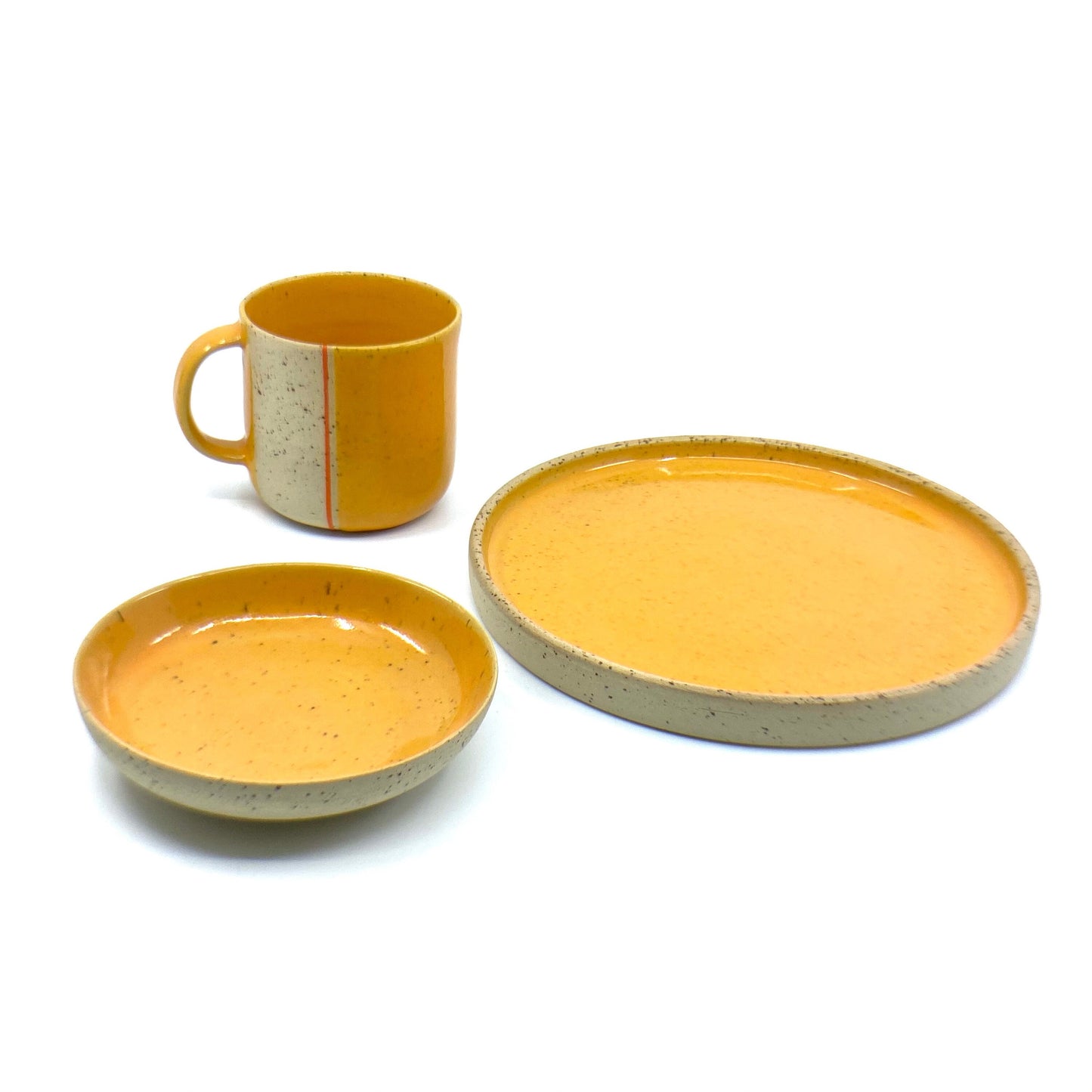 Stoneware Mug With Saucer and Side Plate Pottery Breakfast Set Modern wheel thrown pottery set Yellow Handmade Clay Gift Set
