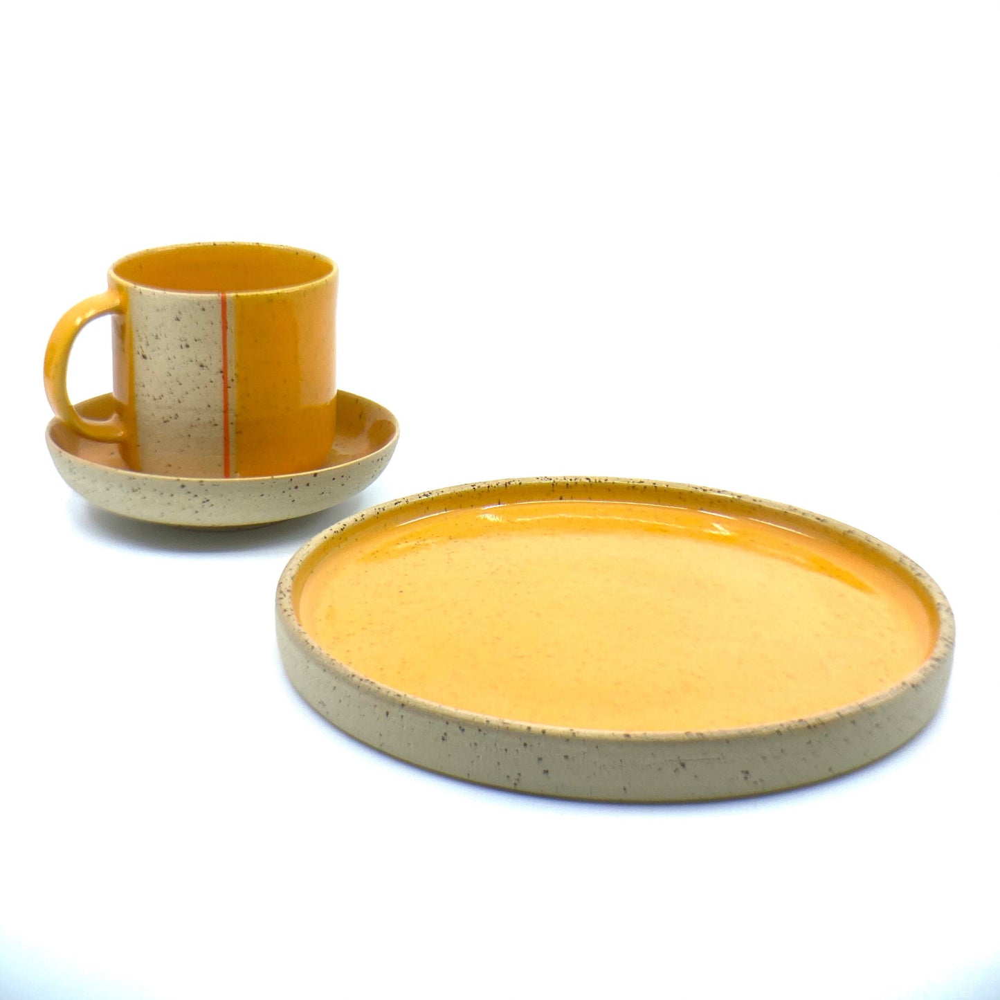 Stoneware Mug With Saucer and Side Plate Pottery Breakfast Set Modern wheel thrown pottery set Yellow Handmade Clay Gift Set