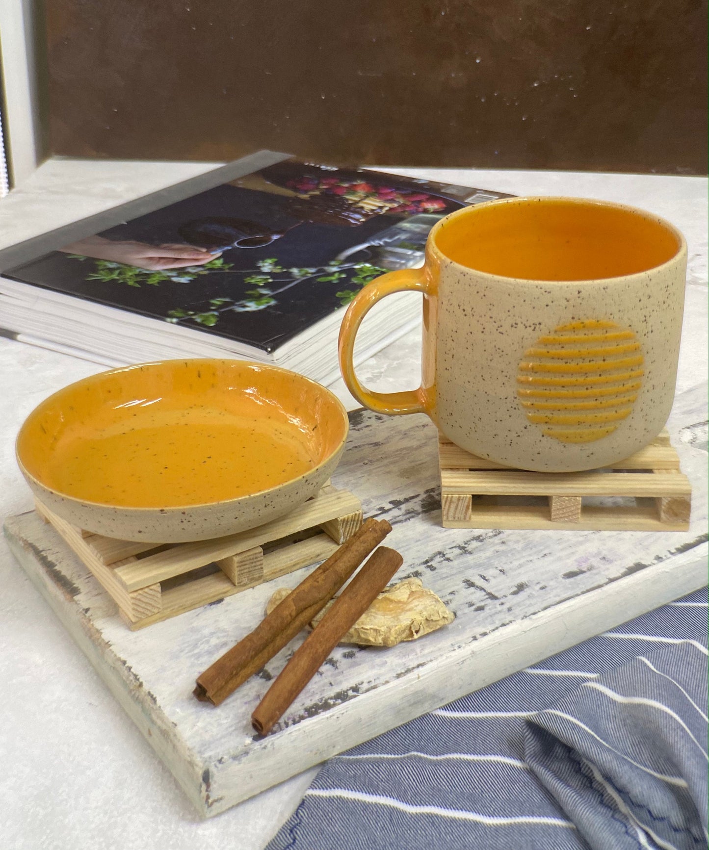 Yellow Ceramic Mug with a Plate Pottery Coffee Cup with Plate Gift For Her Tea Set Stoneware Tea Cup Artisan Tea Gift set