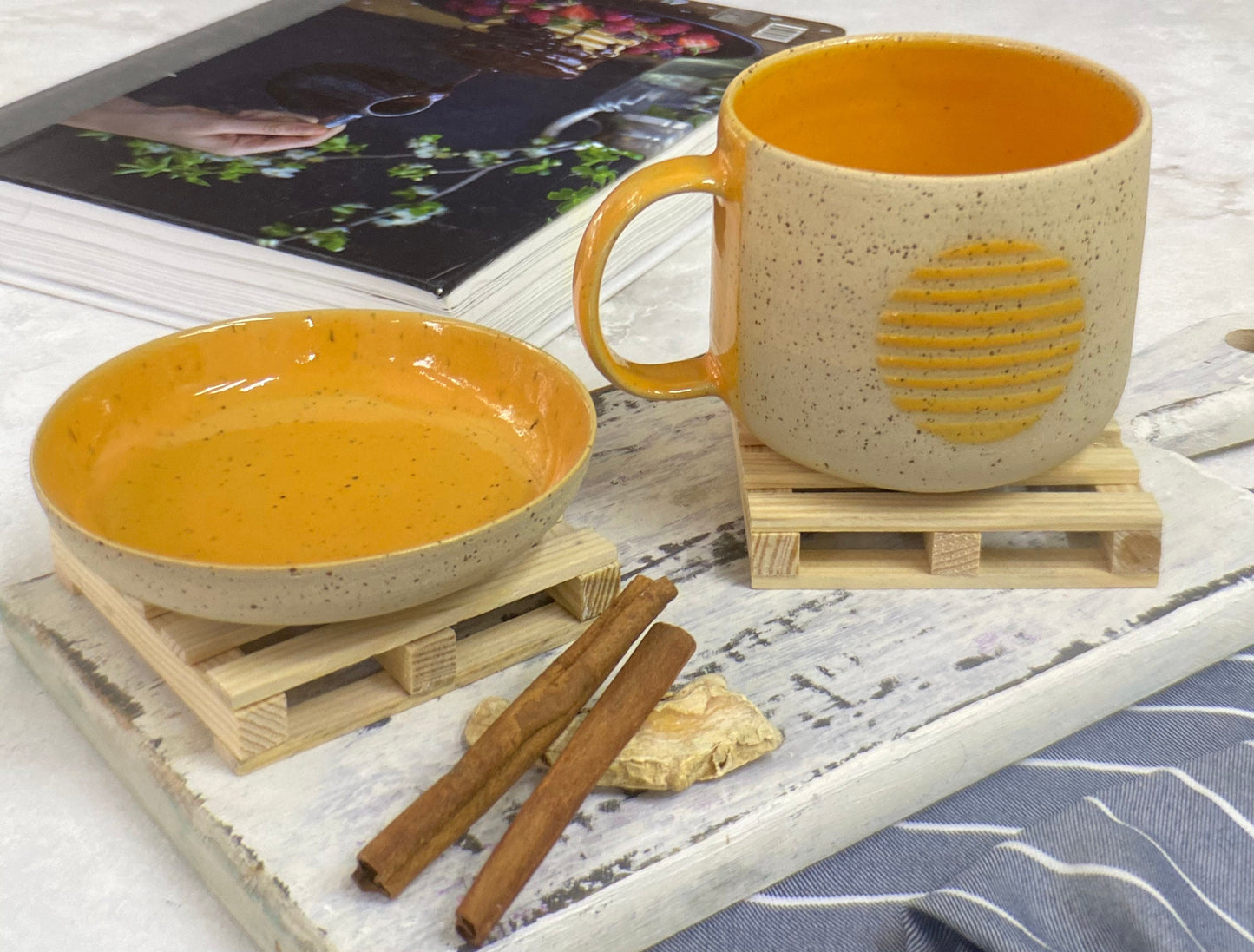 Yellow Ceramic Mug with a Plate Pottery Coffee Cup with Plate Gift For Her Tea Set Stoneware Tea Cup Artisan Tea Gift set