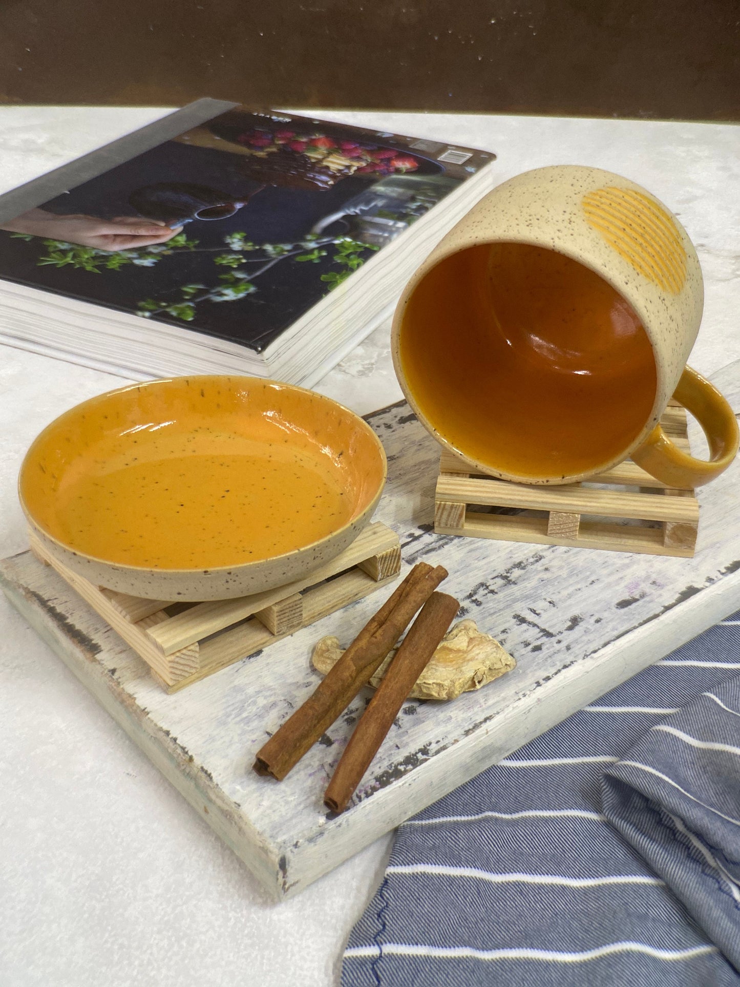 Yellow Ceramic Mug with a Plate Pottery Coffee Cup with Plate Gift For Her Tea Set Stoneware Tea Cup Artisan Tea Gift set