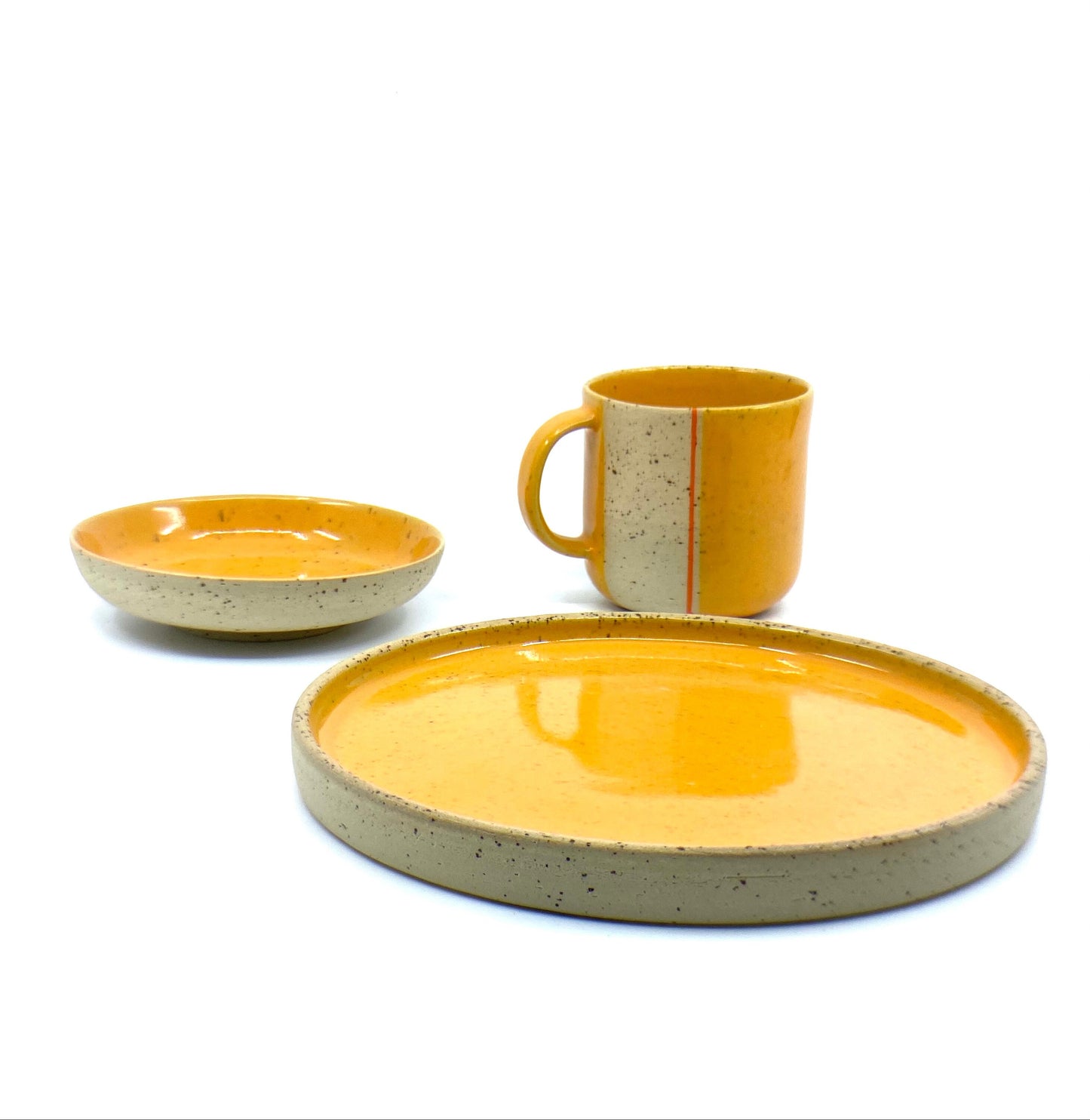 Stoneware Mug With Saucer and Side Plate Pottery Breakfast Set Modern wheel thrown pottery set Yellow Handmade Clay Gift Set