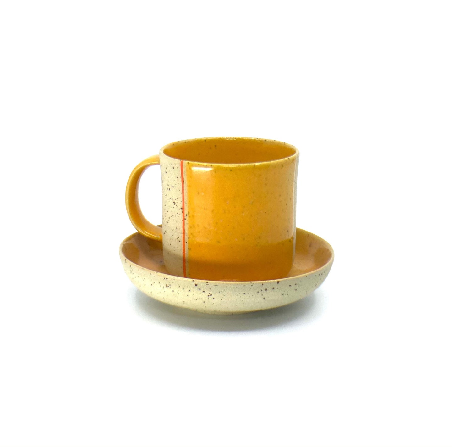 Stoneware Mug With Saucer and Side Plate Pottery Breakfast Set Modern wheel thrown pottery set Yellow Handmade Clay Gift Set