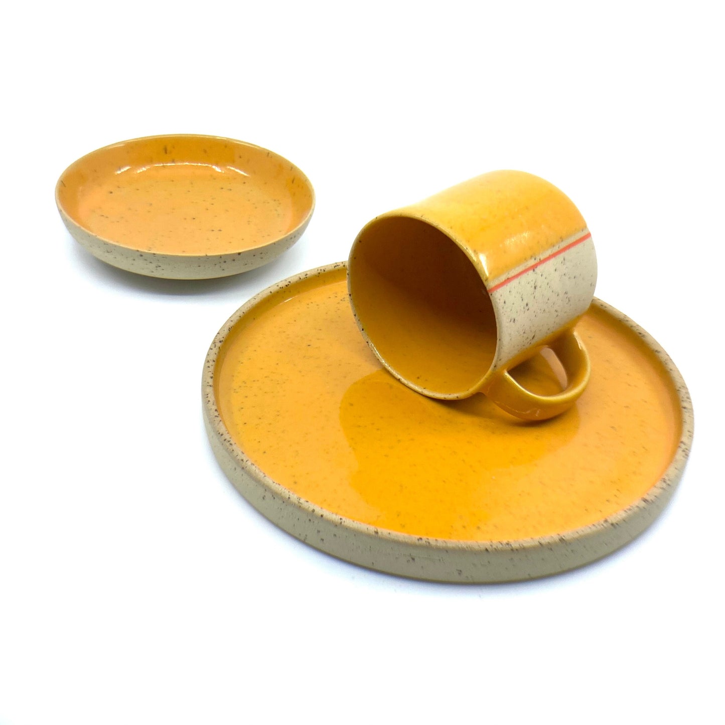 Stoneware Mug With Saucer and Side Plate Pottery Breakfast Set Modern wheel thrown pottery set Yellow Handmade Clay Gift Set