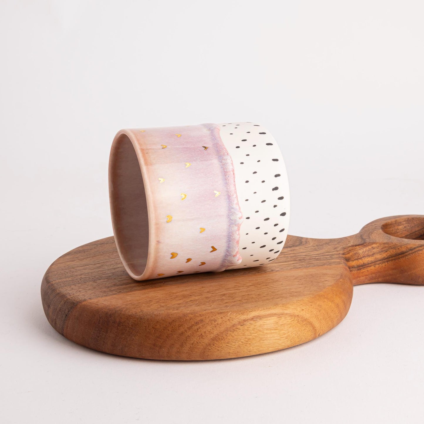 Unique Coffee Mug Pink White Gold Accent One of Kind Hand Painted Ceramic Gift Drip Glaze Artisanal Pottery Tea Lover