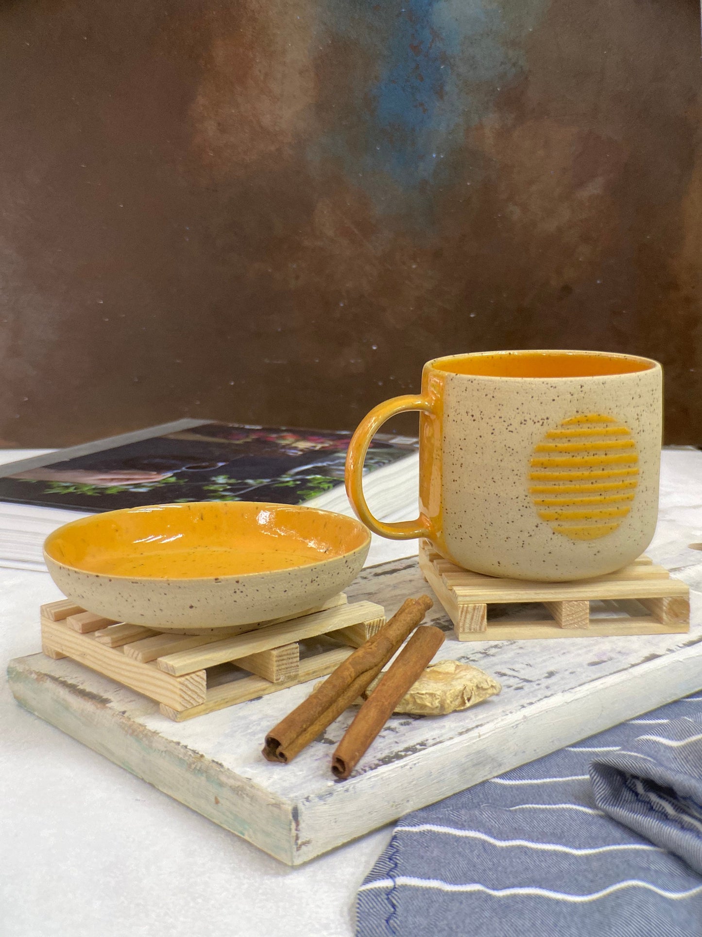 Yellow Ceramic Mug with a Plate Pottery Coffee Cup with Plate Gift For Her Tea Set Stoneware Tea Cup Artisan Tea Gift set