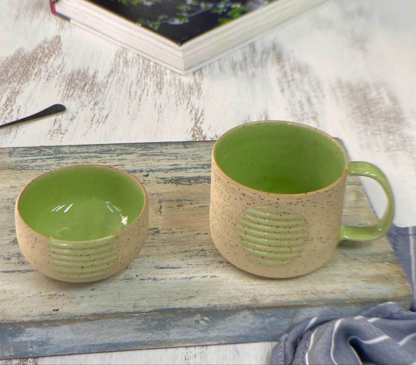 Speckled Ceramic Mug with Bowl Green Pottery Tea Cup Set Handmade Artisan Mug and Bowl Perfect for Tea Lovers Unique Pottery Gift
