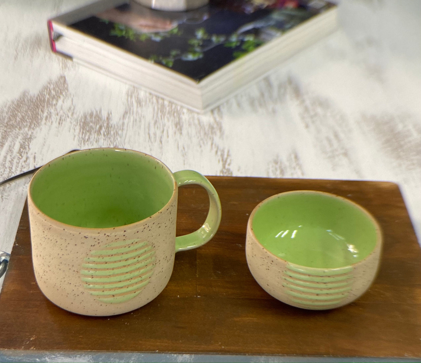 Speckled Ceramic Mug with Bowl Green Pottery Tea Cup Set Handmade Artisan Mug and Bowl Perfect for Tea Lovers Unique Pottery Gift
