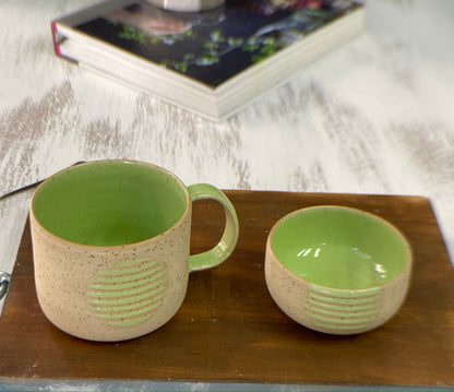 Speckled Ceramic Mug with Bowl Green Pottery Tea Cup Set Handmade Artisan Mug and Bowl Perfect for Tea Lovers Unique Pottery Gift