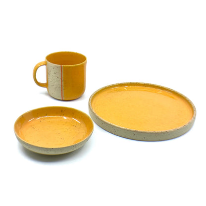Stoneware Mug With Saucer and Side Plate Pottery Breakfast Set Modern wheel thrown pottery set Yellow Handmade Clay Gift Set