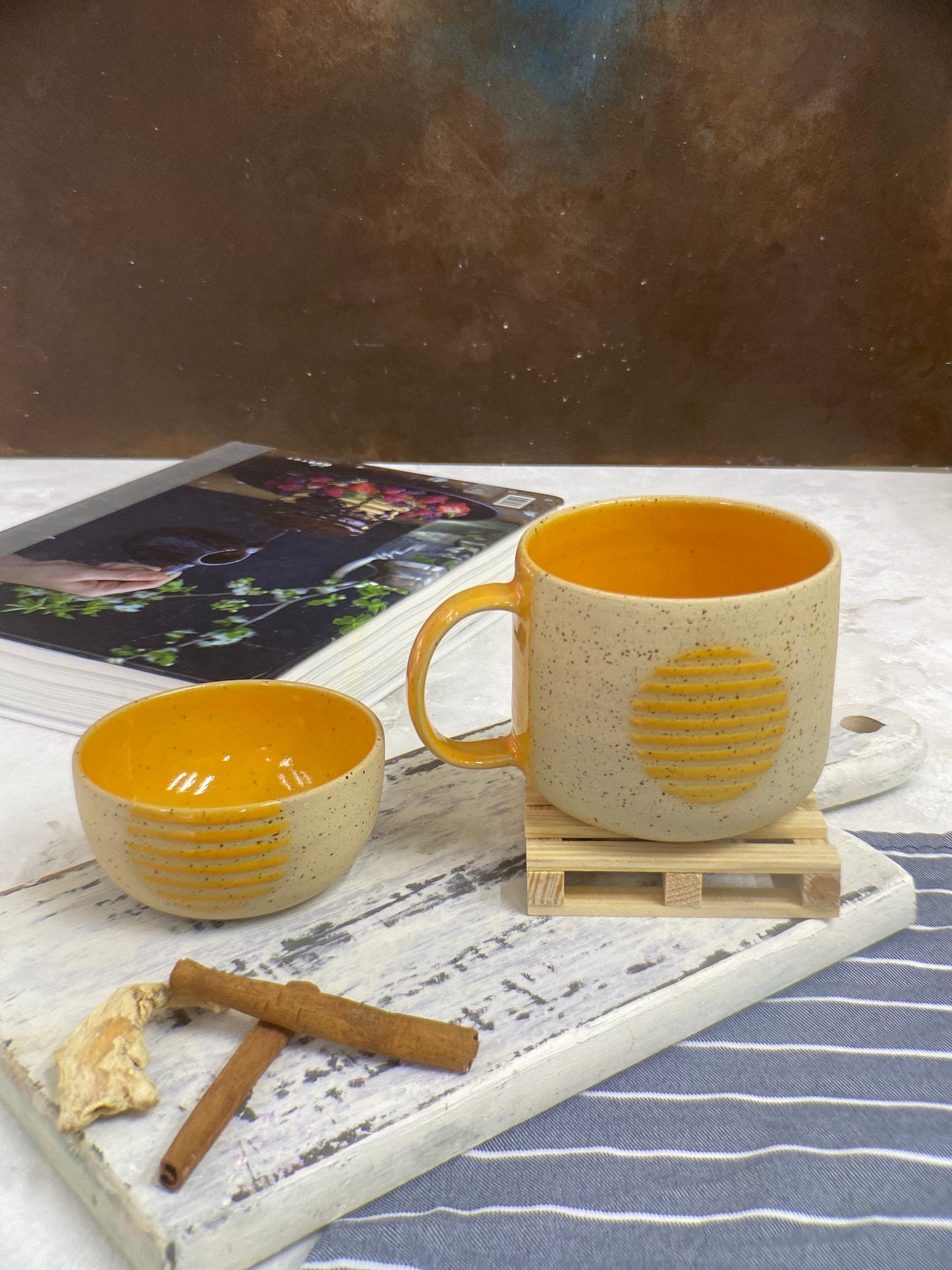 Large Stoneware Mug with Bowl - Modern Handmade Ceramic Coffee Cup, Perfect Gift for Him or Her, Big Yellow Aesthetic Mug for Coffee Lovers