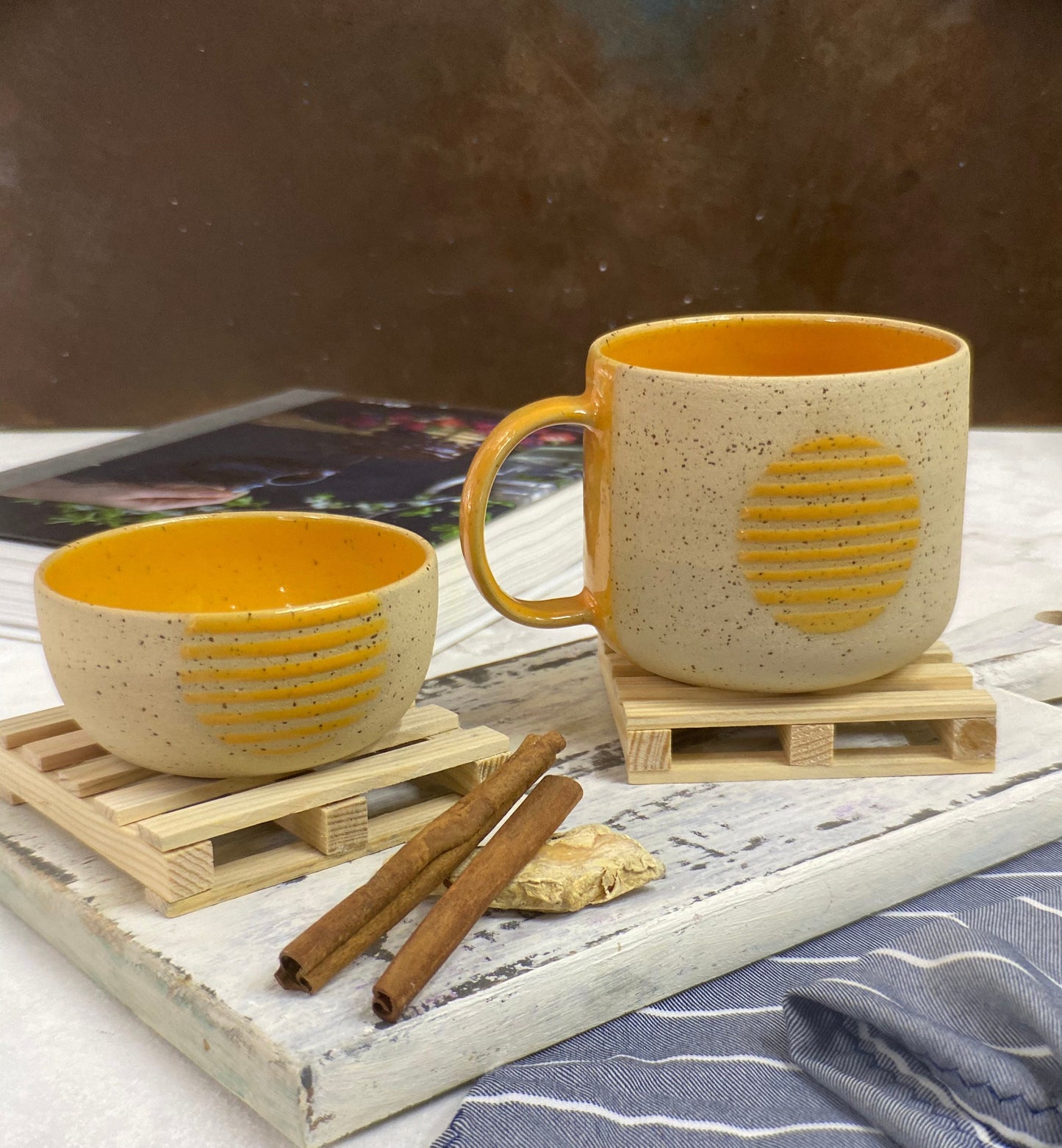 Large Stoneware Mug with Bowl - Modern Handmade Ceramic Coffee Cup, Perfect Gift for Him or Her, Big Yellow Aesthetic Mug for Coffee Lovers