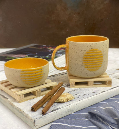 Large Stoneware Mug with Bowl - Modern Handmade Ceramic Coffee Cup, Perfect Gift for Him or Her, Big Yellow Aesthetic Mug for Coffee Lovers