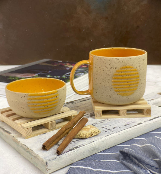 Large Stoneware Mug with Bowl - Modern Handmade Ceramic Coffee Cup, Perfect Gift for Him or Her, Big Yellow Aesthetic Mug for Coffee Lovers