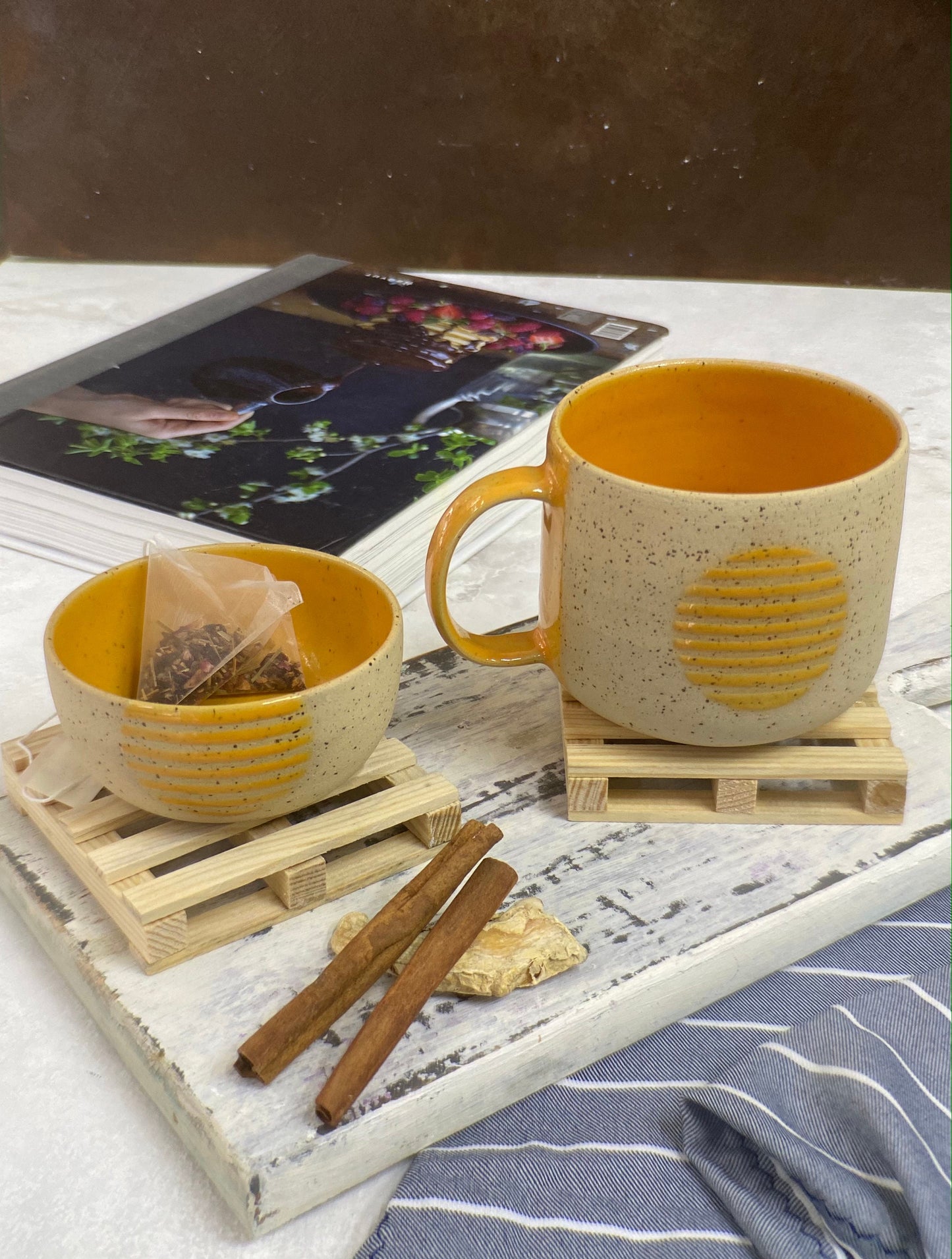 Large Stoneware Mug with Bowl - Modern Handmade Ceramic Coffee Cup, Perfect Gift for Him or Her, Big Yellow Aesthetic Mug for Coffee Lovers
