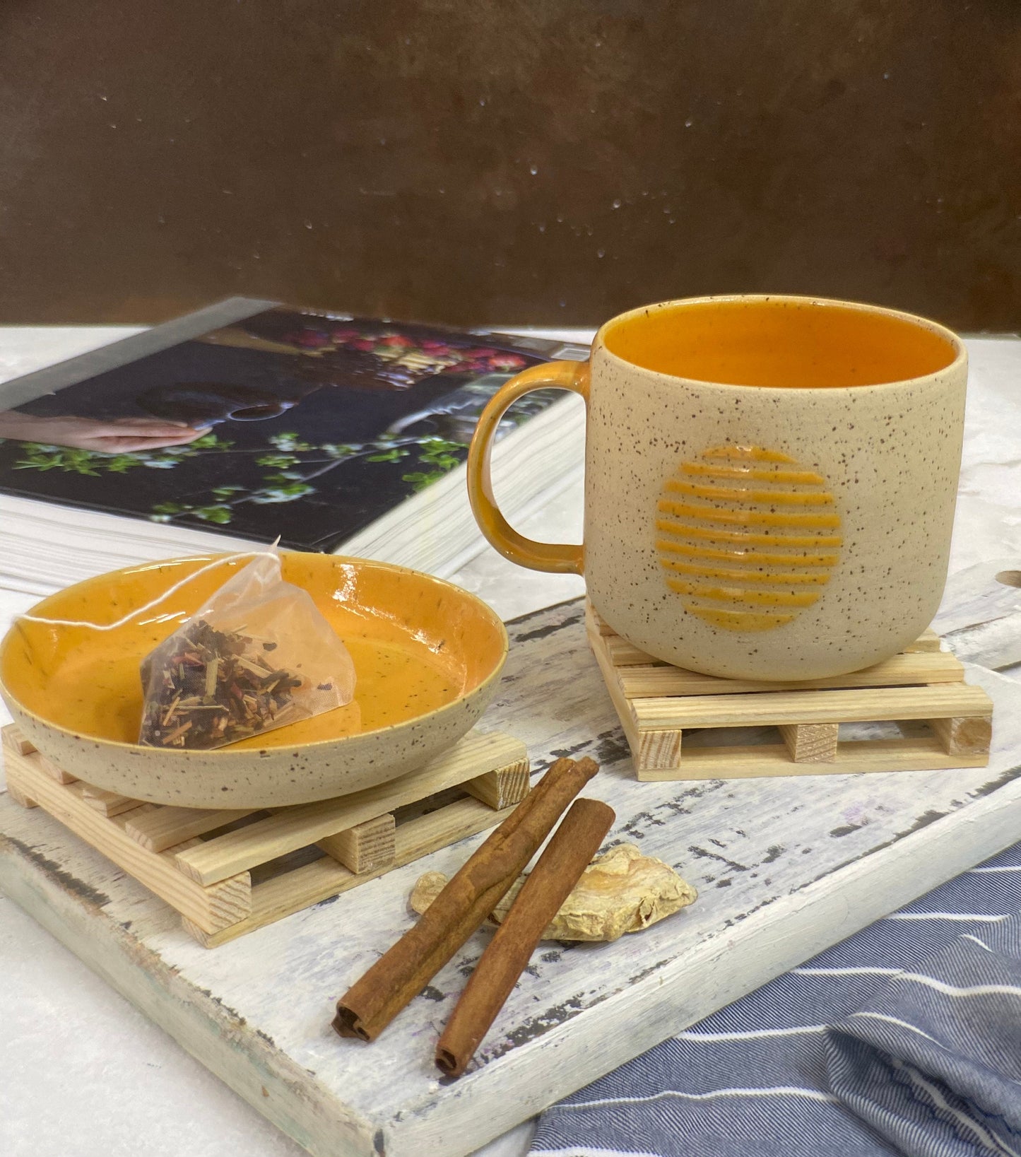 Yellow Ceramic Mug with a Plate Pottery Coffee Cup with Plate Gift For Her Tea Set Stoneware Tea Cup Artisan Tea Gift set