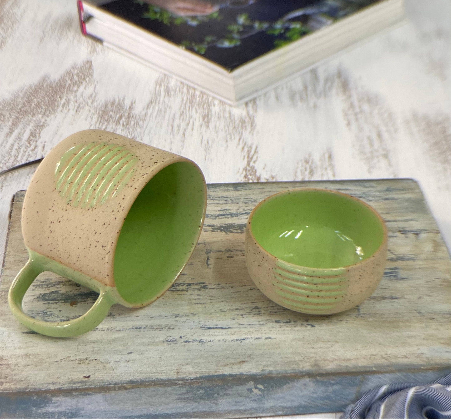 Speckled Ceramic Mug with Bowl Green Pottery Tea Cup Set Handmade Artisan Mug and Bowl Perfect for Tea Lovers Unique Pottery Gift