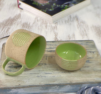 Speckled Ceramic Mug with Bowl Green Pottery Tea Cup Set Handmade Artisan Mug and Bowl Perfect for Tea Lovers Unique Pottery Gift