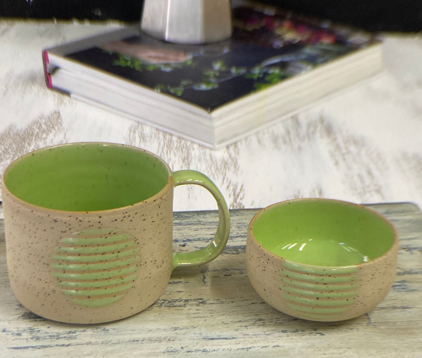 Speckled Ceramic Mug with Bowl Green Pottery Tea Cup Set Handmade Artisan Mug and Bowl Perfect for Tea Lovers Unique Pottery Gift