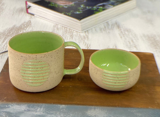 Speckled Ceramic Mug with Bowl Green Pottery Tea Cup Set Handmade Artisan Mug and Bowl Perfect for Tea Lovers Unique Pottery Gift