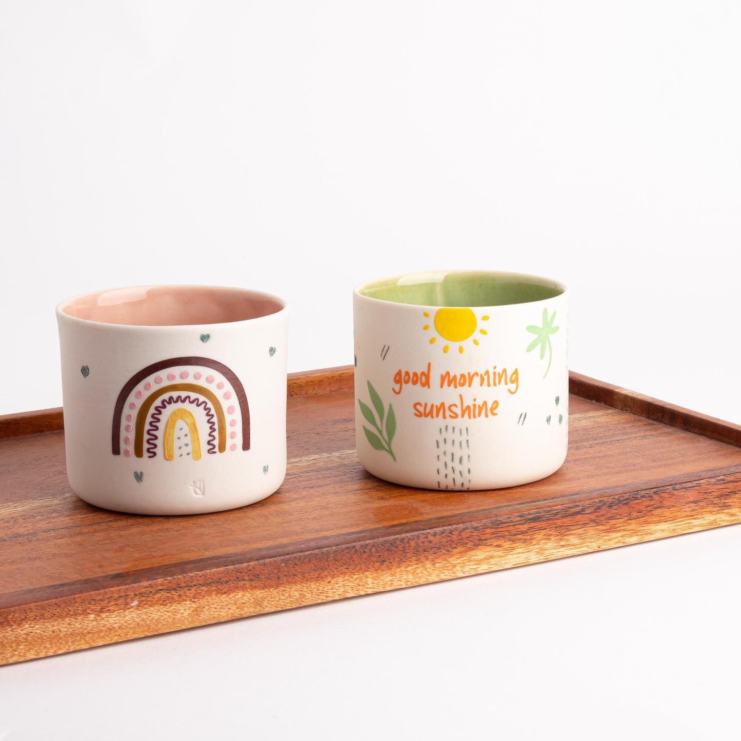 Hand Drawn Mugs with Doodle Art Design - Artistic Pottery Hand Painted Cups Set - Whimsical Cups - Unique Pottery Collection
