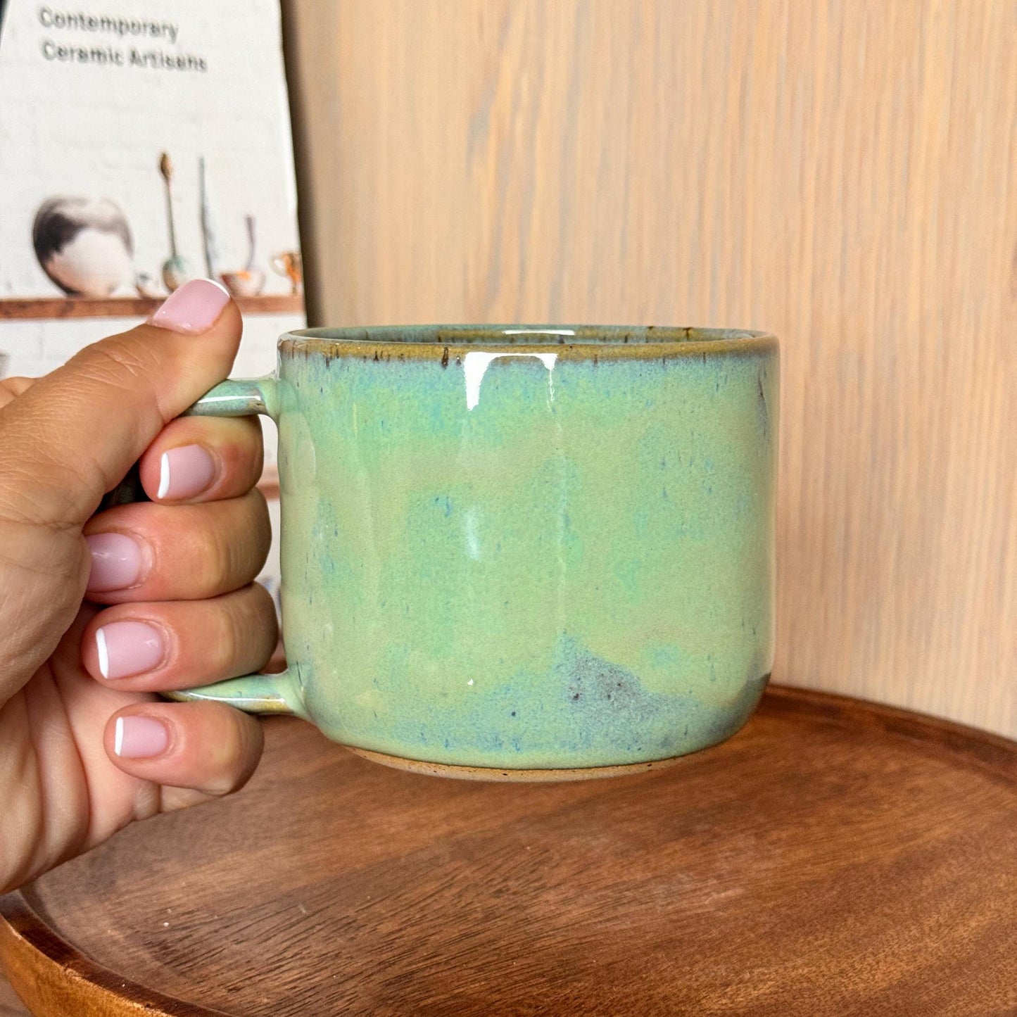 Rustic Wheel Thrown Stoneware Mug Handmade Pottery Mug Soft Sea Green Glaze Coffee Cup for Coffee Lovers Artisan Ceramic Gift