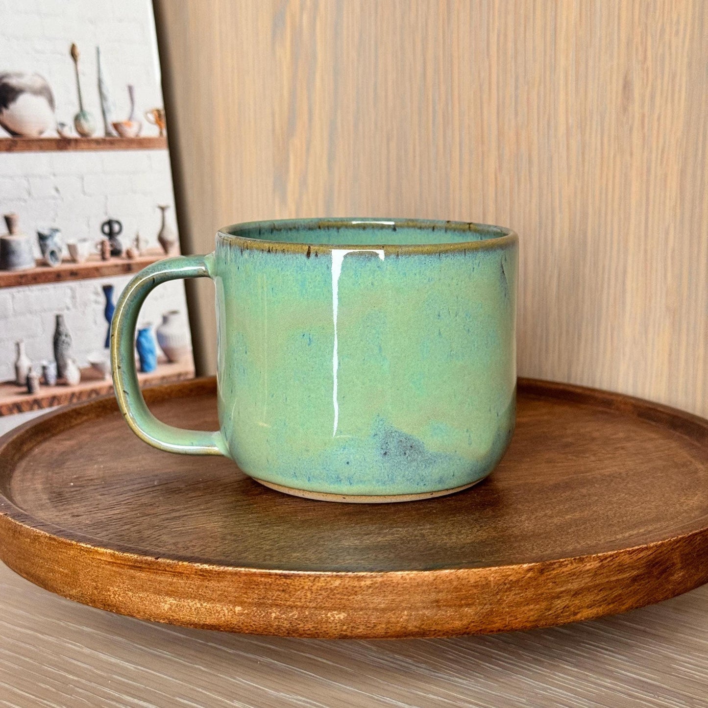 Rustic Wheel Thrown Stoneware Mug Handmade Pottery Mug Soft Sea Green Glaze Coffee Cup for Coffee Lovers Artisan Ceramic Gift