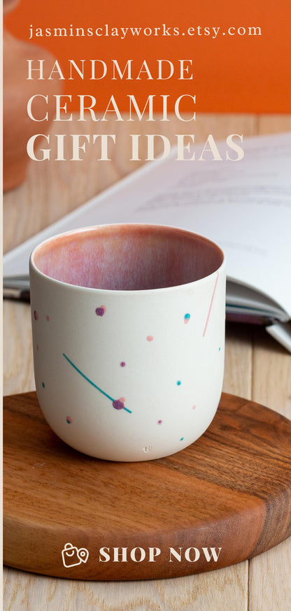 Handmade Gift Porcelain Mug Custom Hand Painted Cup Unique Minimal Design cup no handle gift for boyfriend girlfriend mom dad