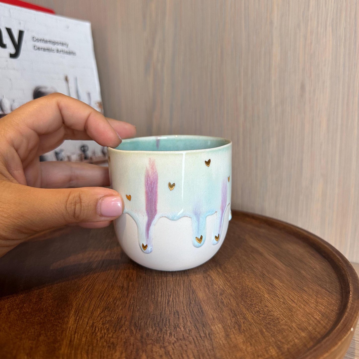 Artisanal Pottery Mug Drip Glaze Coffee Lover Gift Luxury Drinkware Bohemian Decor Kitchen Accent Handmade Pink White Gold Unique Ceramic