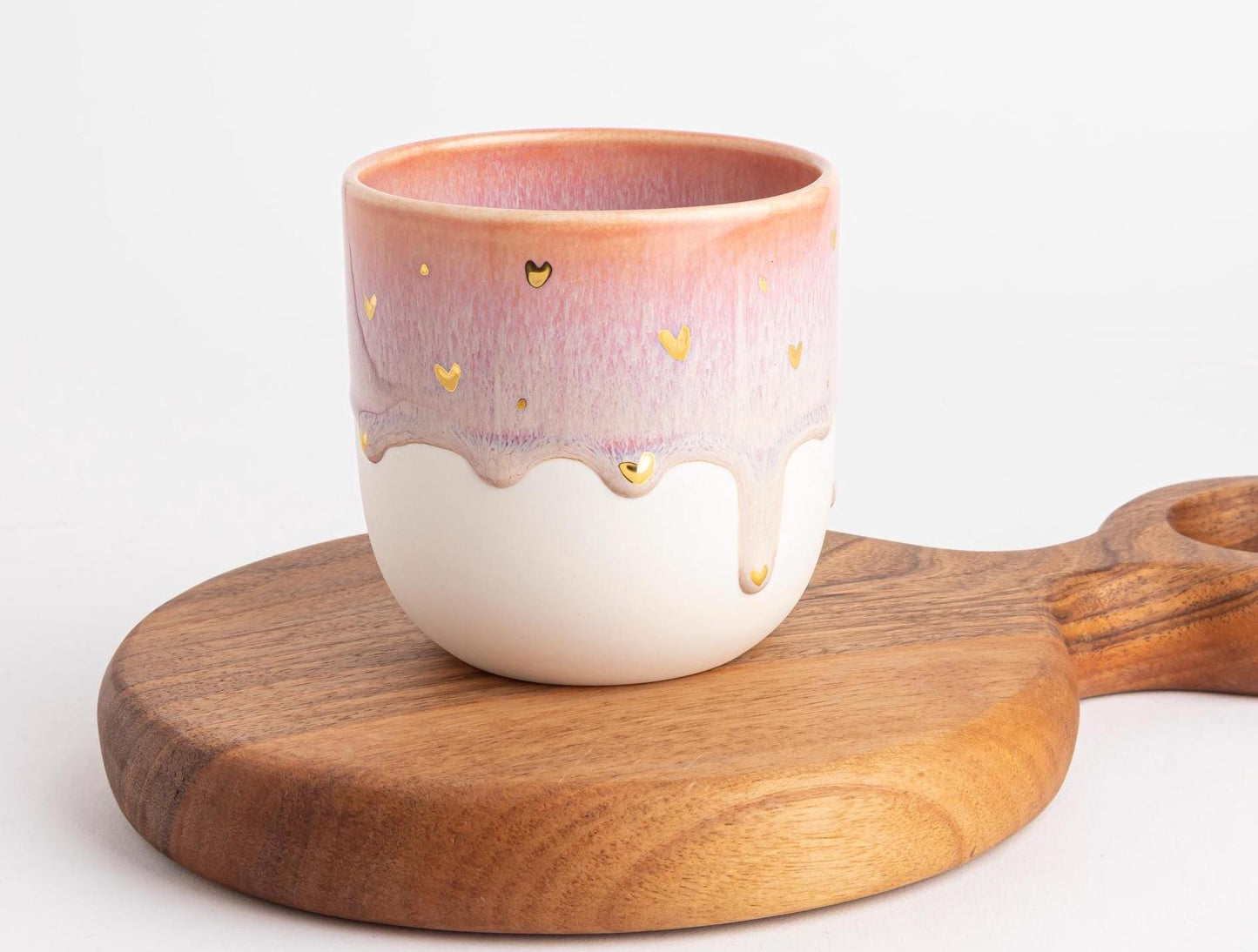 Handmade Porcelain Mug Unique Coffee Mug Pink White Gold Accent One of Kind Hand Painted Ceramic Gift Drip Glaze Artisanal Pottery Tea Lover