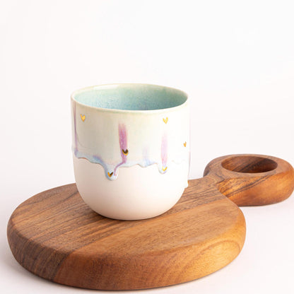 Artisanal Pottery Mug Drip Glaze Coffee Lover Gift Luxury Drinkware Bohemian Decor Kitchen Accent Handmade Pink White Gold Unique Ceramic