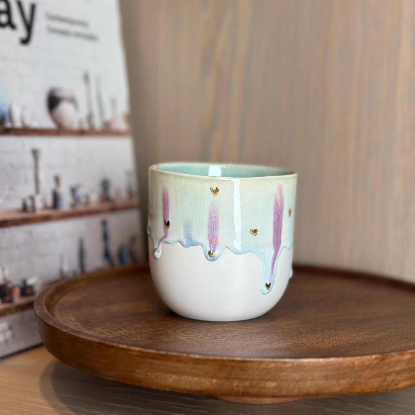 Artisanal Pottery Mug Drip Glaze Coffee Lover Gift Luxury Drinkware Bohemian Decor Kitchen Accent Handmade Pink White Gold Unique Ceramic